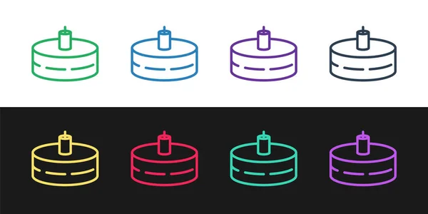 Set Line Cake Mit Brennenden Kerzen Symbol Isoliert Auf Schwarz — Stockvektor