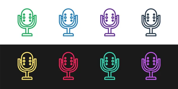 Set Line Microphone Icon Isolated Black White Background Air Radio — Stock Vector