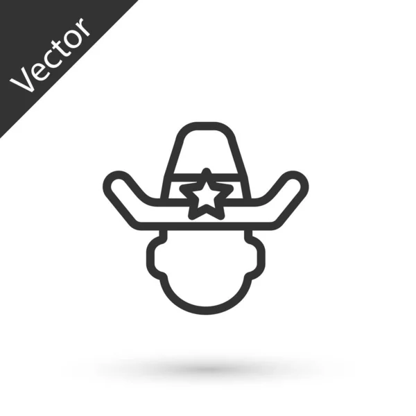 Grey Line Sheriff Cowboy Hat Star Badge Icon Isolated White — Stock Vector