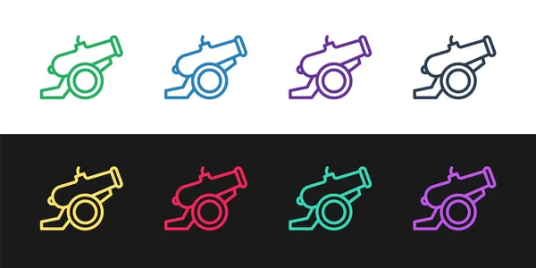 Setați Linia Cannon Icon Izolat Fundal Alb Negru Vector — Vector de stoc