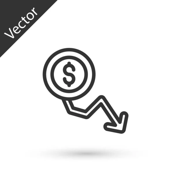 Gris Línea Dólar Tasa Disminución Icono Aislado Sobre Fondo Blanco — Vector de stock