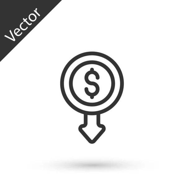 Gris Línea Dólar Tasa Disminución Icono Aislado Sobre Fondo Blanco — Vector de stock