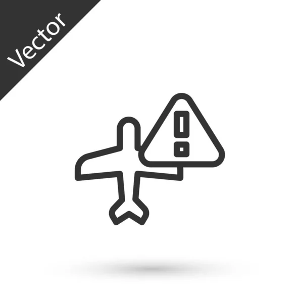 Línea Gris Icono Del Avión Advertencia Aislado Sobre Fondo Blanco — Vector de stock