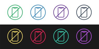 Hattı ayarla. Siyah beyaz arkaplanda cep telefonu simgesi yok. Konuşmak ve işaret vermek yok. Hücre yasağı. Vektör