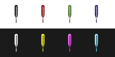 Tıbbi inceleme ikonu için tıbbi termometreyi siyah beyaz arka planda izole et. Vektör İllüstrasyonu.