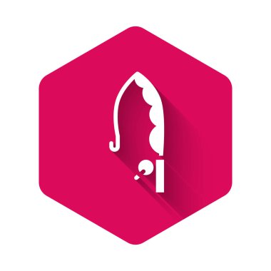 Uzun gölgeli beyaz balık oltası simgesi. Büyük bir balık yakala. Balıkçılık ekipmanları ve balık çiftliği konuları. Pembe altıgen düğmesi. Vektör.