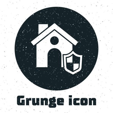 Beyaz arka planda kalkan ikonu olan Grunge Evi. Sigorta konsepti. Güvenlik, güvenlik, koruma, konsept koruma. Tek renkli klasik çizim. Vektör..