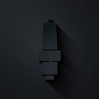 Kağıt kesiği araba buji simgesi siyah arka planda izole edildi. Araba elektrikli mumu. Kağıt sanatı tarzı. Vektör.