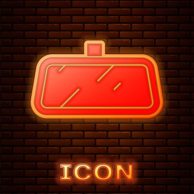 Parlayan neon araba aynası ikonu tuğla duvar arkasında izole edilmiş. Vektör.