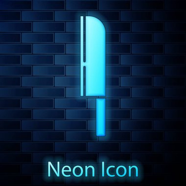 Parlayan neon bıçak simgesi tuğla duvar arkasında izole edilmiş. Çatal bıçak sembolü. Vektör.