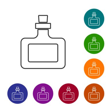 Siyah çizgili sos şişesi ikonu beyaz arka planda izole edilmiş. Ketçap, hardal ve fast food için soslu mayonez şişeleri. Simgeleri renk daire düğmelerine ayarla. Vektör.
