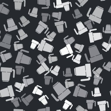 Gri kahve fincanı ikonu, siyah arka planda kusursuz desen izole etti. Çay fincanı. Sıcak içecek kahvesi. Vektör.