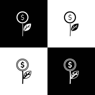 Dolar bitki simgesini siyah ve beyaz arkaplanda izole et. İş yatırımı büyüme konsepti. Para tasarrufu ve yatırım. Vektör.