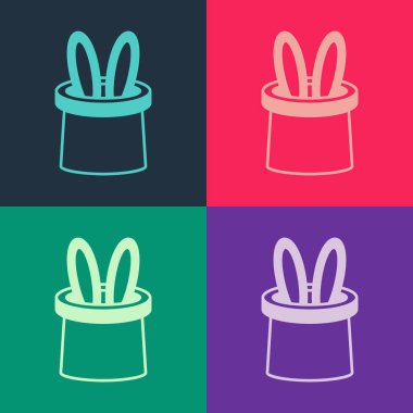 Pop sanat sihirbazı şapkası ve tavşan kulağı ikonu renk arkaplanında izole edilmiş. Sihir numarası. Gizemli eğlence konsepti. Vektör