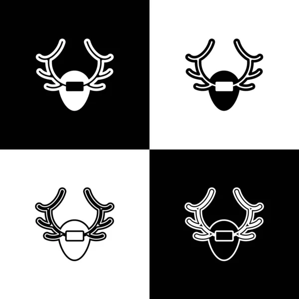 Set Deer Antlers Shield Icon Isolated Black White Background Hunting — Stock Vector