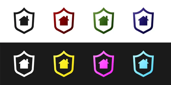 Set House Shield Icon Isolated Black White Background Insurance Concept — Stock Vector