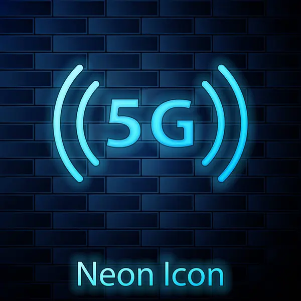 Zářící Neon Nové Bezdrátové Připojení Internetu Ikona Izolované Cihlové Zdi — Stockový vektor