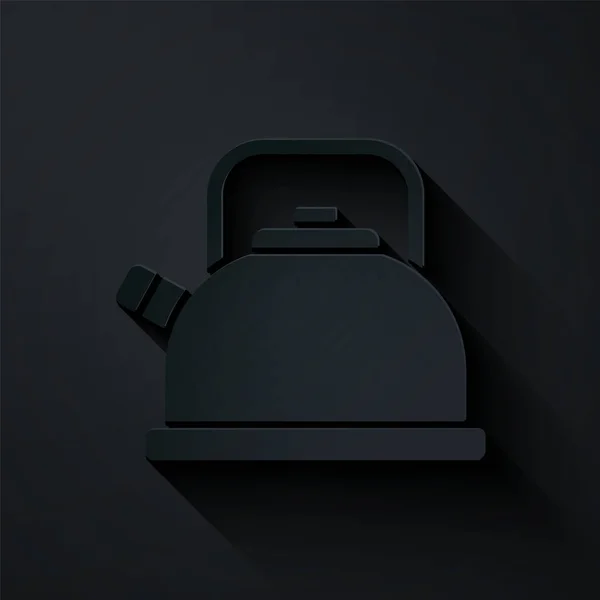 黒の背景にハンドルアイコンでケトルをカット ティーポットのアイコン 紙のアートスタイル ベクトル — ストックベクタ