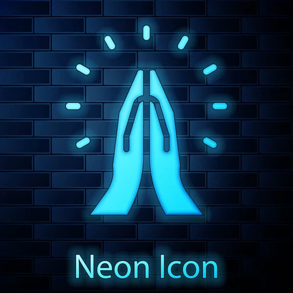 Brillante Neón Manos Posición Oración Icono Aislado Fondo Pared Ladrillo — Vector de stock