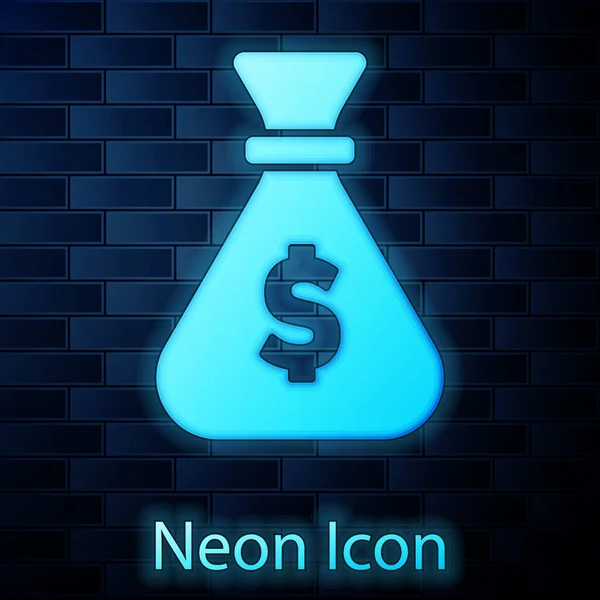 Brilhante Neon Ícone Saco Dinheiro Isolado Fundo Parede Tijolo Dólar — Vetor de Stock