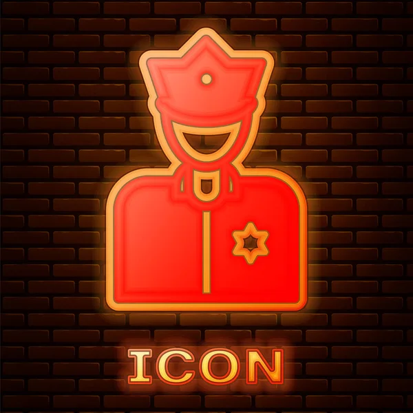 Glowing Neon Police Officer Icon Isolated Brick Wall Background Vector — Stock Vector