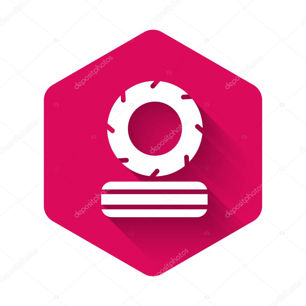 White Lying burning tires icon isolated with long shadow. Pink hexagon button. Vector.