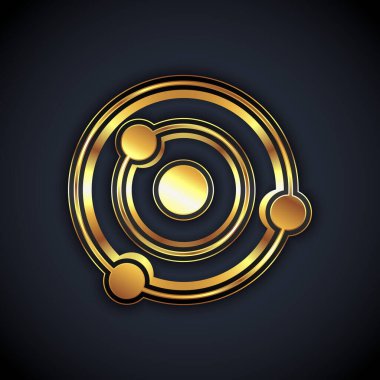 Siyah arkaplanda izole edilmiş altın güneş sistemi simgesi. Gezegenler yıldızın etrafında dönerler. Vektör