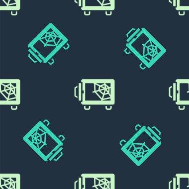 Yeşil ve bej renkli kasa simgesi mavi arkaplandaki kusursuz deseni izole etti. Kapı, şifreli bir banka kasası. Güvenilir Veri Koruma. Vektör