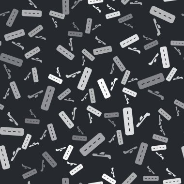 Gri Uçak İniş ikonu, siyah arka planda izole edilmiş kusursuz desen. Uçak taşıma sembolü. Vektör