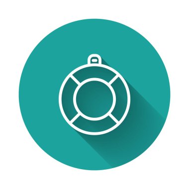 Beyaz çizgi Lifebuoy simgesi uzun gölgeli izole edilmiş. Can simidi sembolü. Yeşil daire düğmesi. Vektör.