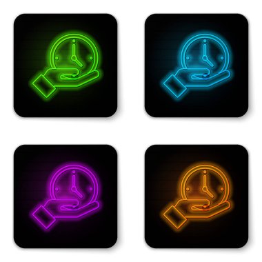 Parlayan neon çizgi saat simgesi beyaz arkaplanda izole edildi. Zaman sembolü. Siyah kare düğme. Vektör.