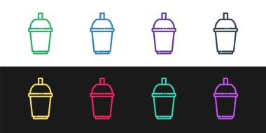 Kahve fincanını siyah ve beyaz arka planda izole edilmiş bir simgeye ayarla. Vektör.