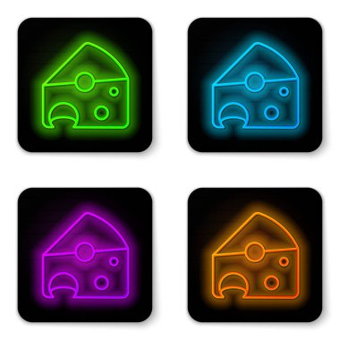 Parlayan neon çizgili peynir simgesi beyaz arkaplanda izole edildi. Siyah kare düğme. Vektör.