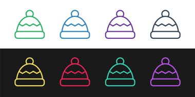 Siyah beyaz arka planda izole edilmiş Beanie şapka simgesi ayarla. Vektör.
