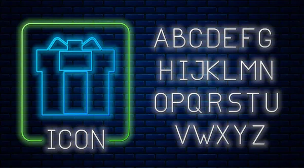 Светящийся Неоновый Значок Коробки Подарка Изолирован Фоне Кирпичной Стены Неоновый — стоковый вектор