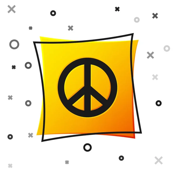 白色背景下孤立的黑色和平图标 嬉皮是和平的象征黄色方块按钮 — 图库矢量图片