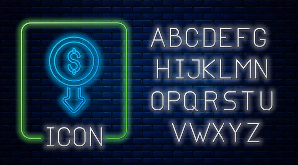 Gloeiende Neon Dollar Rate Daling Pictogram Geïsoleerd Baksteen Muur Achtergrond — Stockvector