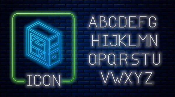 Сяючий Неоновий Комп Ютер Значок Ізольований Фоні Цегляної Стіни Знак — стоковий вектор