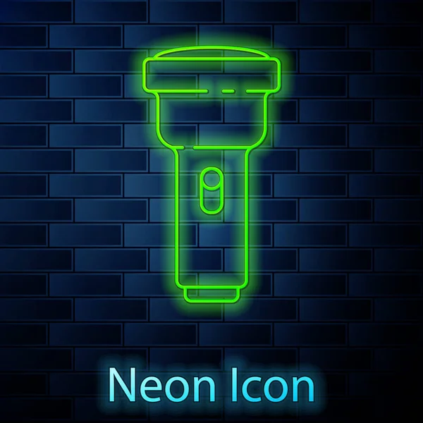 Leuchtende Neon Linie Taschenlampe Symbol Isoliert Auf Backsteinwand Hintergrund Vektorillustration — Stockvektor