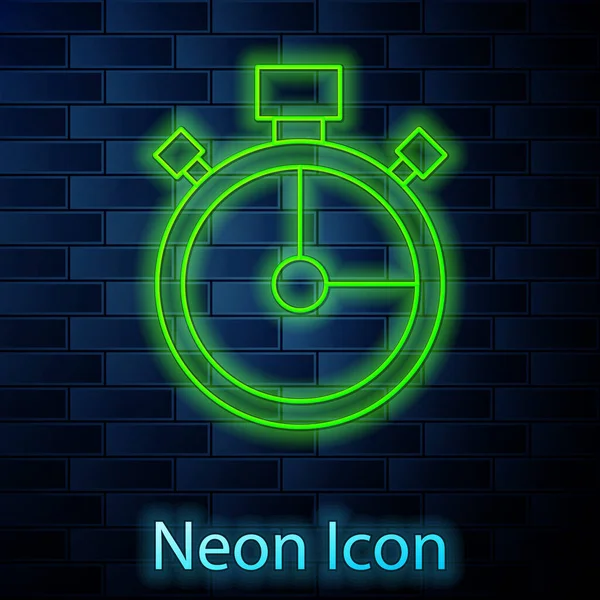 Leuchtende Neon Linie Stopwatch Symbol Isoliert Auf Backsteinwand Hintergrund Zeitzeichen — Stockvektor