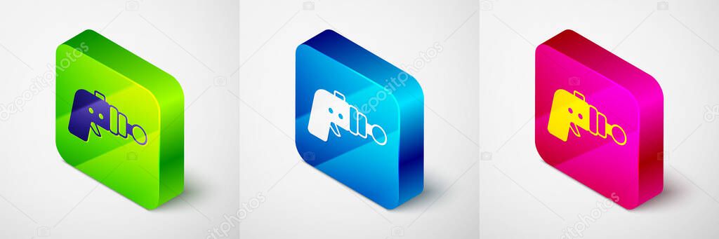 Isometric Ray gun icon isolated on grey background. Laser weapon. Space blaster. Square button. Vector