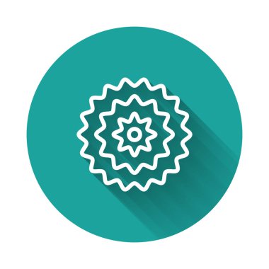 Beyaz çizgi bisiklet kaseti dağ bisikleti ikonu uzun gölgeli izole edilmiş. Arka Bisiklet Sprocket. Zincirle krankset zincirleniyor. Yeşil daire düğmesi. Vektör.