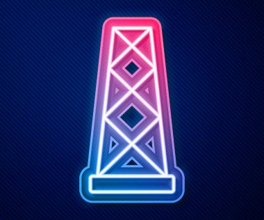 Parlayan neon hattı Anten simgesi mavi arkaplanda izole edildi. Radyo anteni kablosuz. Teknoloji ve ağ sinyali radyo anteni. Vektör