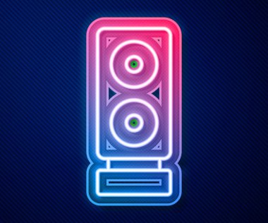 Parlayan neon hattı Stereo hoparlör ikonu mavi arkaplanda izole edildi. Ses sistemi hoparlörleri. Müzik ikonu. Müzikal sütun hoparlörü. Vektör