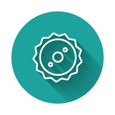 Beyaz çizgili, uzun gölgeli testere bıçak ikonu. Testere tekerleği. Yeşil daire düğmesi. Vektör