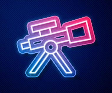 Parlayan neon hattı Teleskop simgesi mavi arkaplanda izole edildi. Bilimsel bir alet. Eğitim ve astronomi elementi, dürbün ve çalışma yıldızları. Vektör