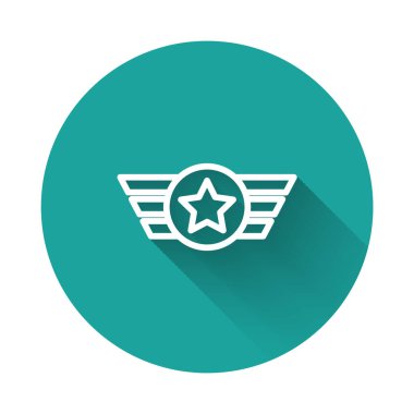 Beyaz çizgi Amerikan askeri ikonu uzun gölge arkaplan izole. Askeri rozetler. Ordu bantları. Yeşil daire düğmesi. Vektör