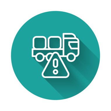 Beyaz hat. Kargo kamyonu taşıma simgesi uzun gölgeli bir şekilde izole edildi. Yeşil daire düğmesi. Vektör