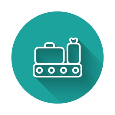 Yolcu bavulu, bavulu, bavulu, bavulu ve uzun gölgeli bagaj ikonu olan beyaz hat havaalanı taşıma bandı. Yeşil daire düğmesi. Vektör
