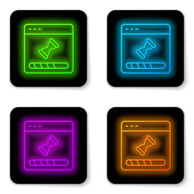 Parlak neon hattı beyaz arkaplanda izole edilmiş bir işlem çubuğu simgesine sahip bir veri penceresi yüklüyor. Siyah kare düğme. Vektör